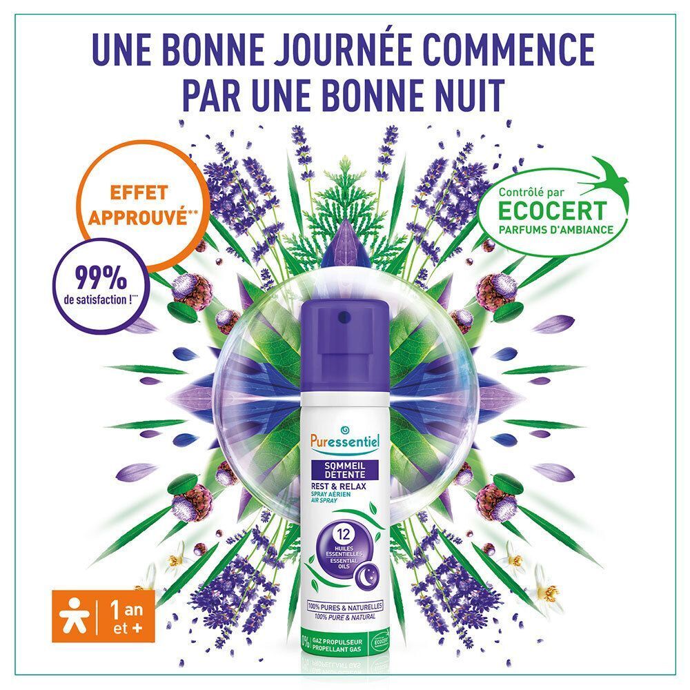 Flacon spray Puressentiel Sommeil Détente, 12 huiles essentielles. Certifié ECOCERT. Texte: Effet approuvé, 99% de satisfaction.