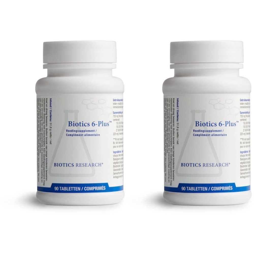 Twee witte flessen met etiketten. Opschrift: Biotics 6-Plus, 90 tabletten. Merk: Biotics Research.