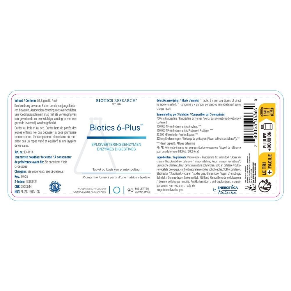 Eén fles Biotics 6-Plus™ voedingssupplement met 90 tabletten en vier losse tabletten.
