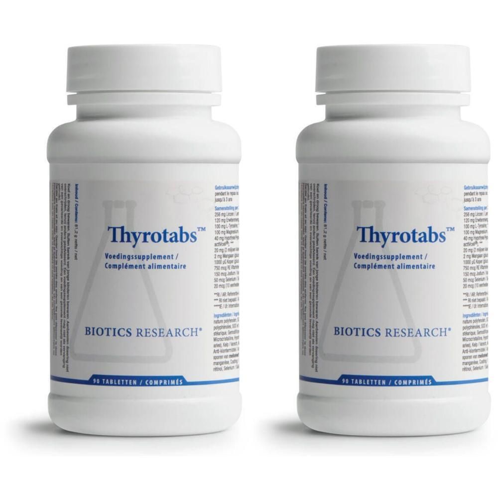 Deux flacons blancs Thyrotabs. Inscription: Thyrotabs, BIOTICS RESEARCH. Complément alimentaire.