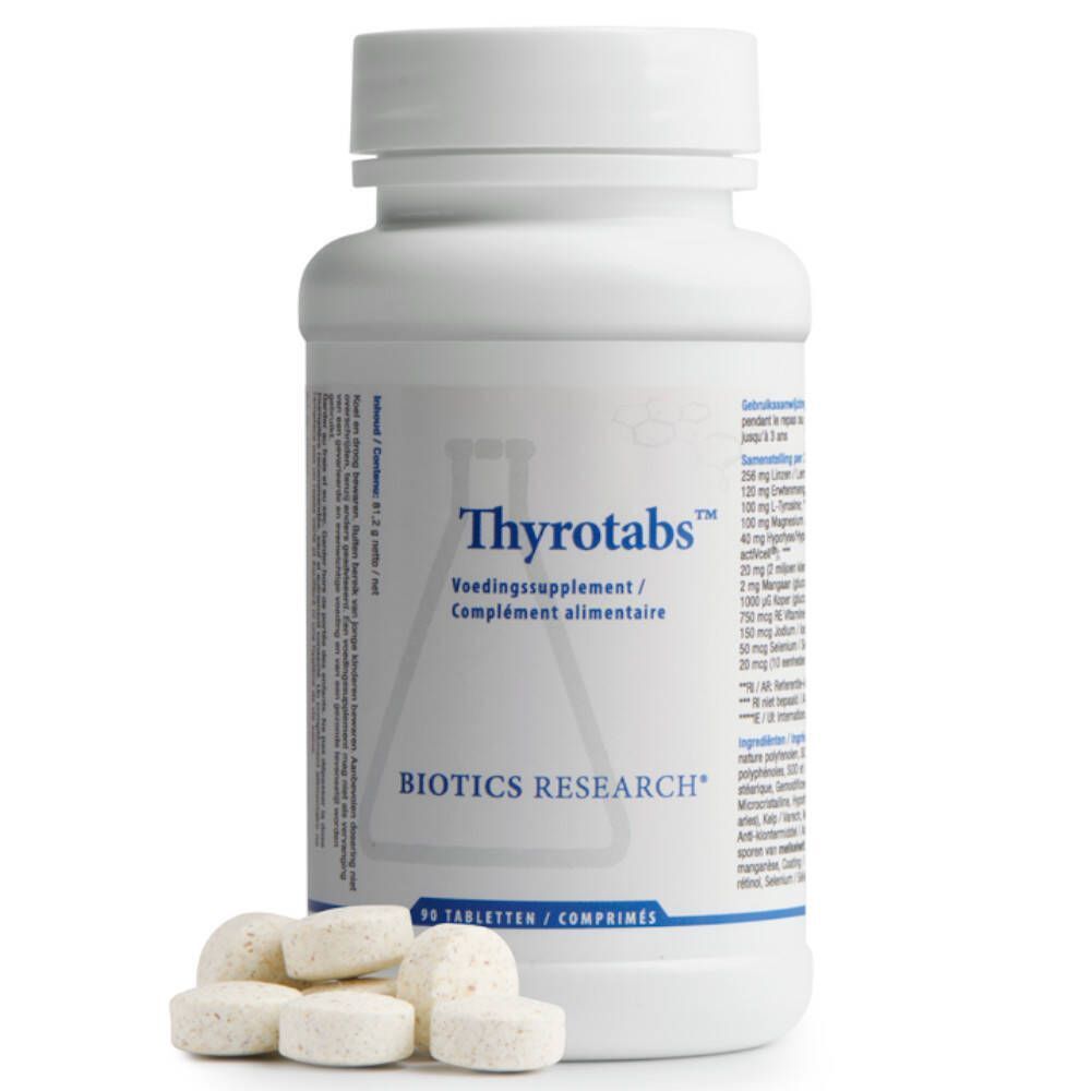 Flacon blanc Thyrotabs et comprimés. Inscription: Thyrotabs, BIOTICS RESEARCH. Complément alimentaire.