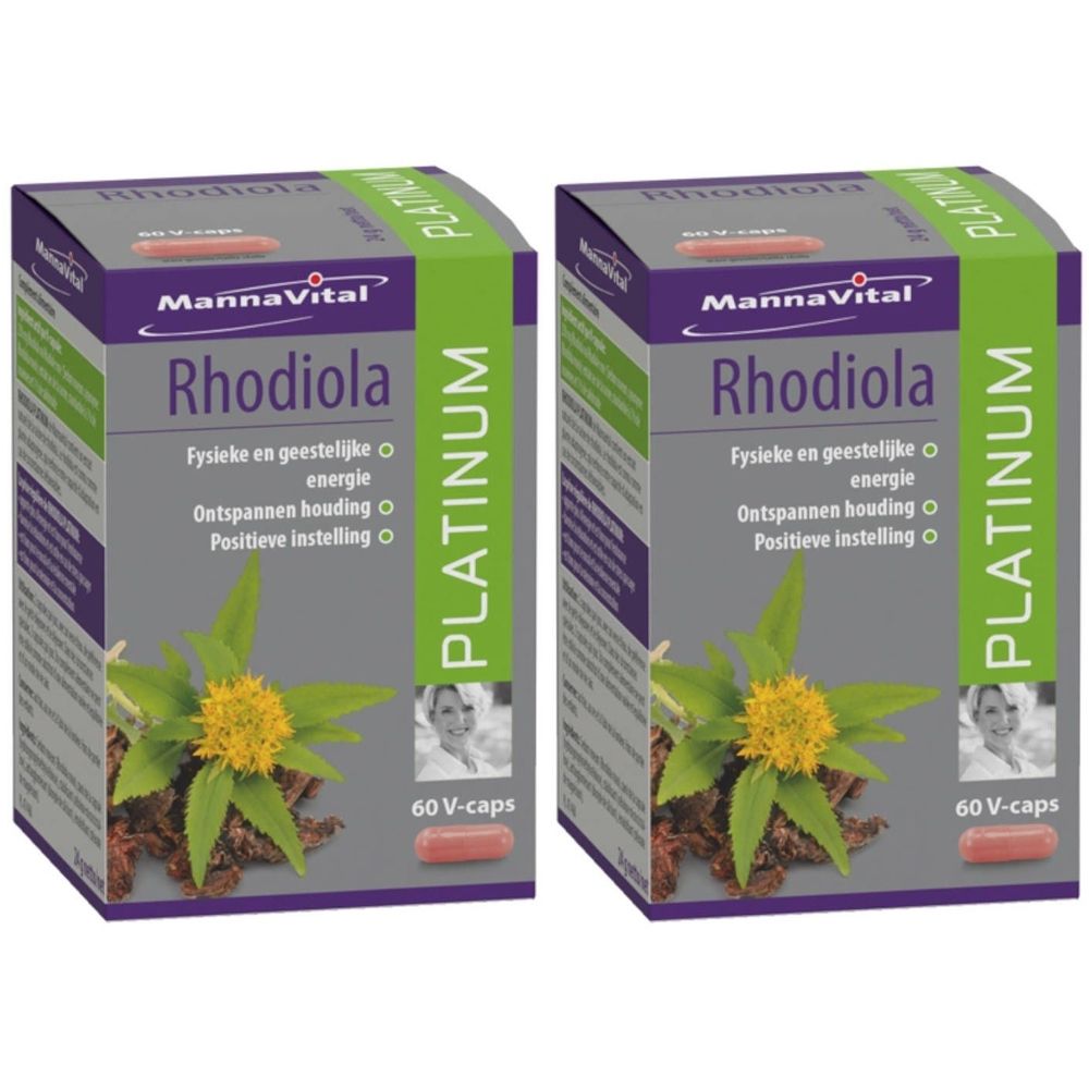 Deux boîtes de Mannavital Rhodiola Platinum. Inscription : Rhodiola, 60 V-caps. Emballage vert-violet avec image d'une plante.