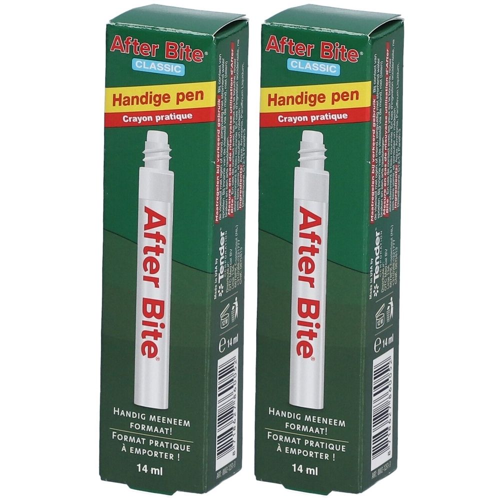 Twee After Bite sticks in verpakking. Groene doos met witte pen. Opschrift: After Bite, 14 ml.