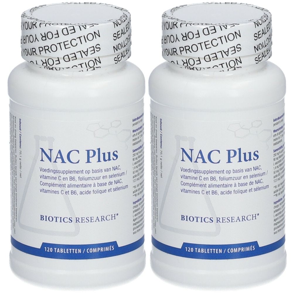 Twee witte flessen met NAC Plus-label. BIOTICS RESEARCH-logo. 120 tabletten. Verzegeling op de dop.