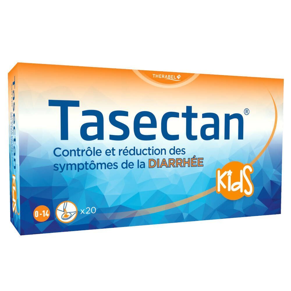 Emballage Tasectan Kids. Inscription: Contrôle et réduction des symptômes de la diarrhée. Emballage orange et bleu.