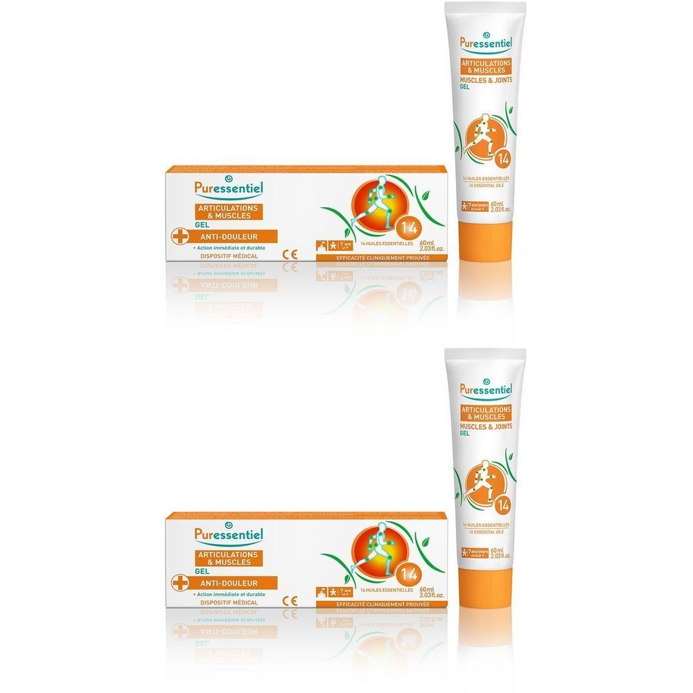 Twee tubes en dozen. Opschrift: Puressentiel, Gewrichten & Spieren Gel, 14 essentiële oliën. Oranje accenten.
