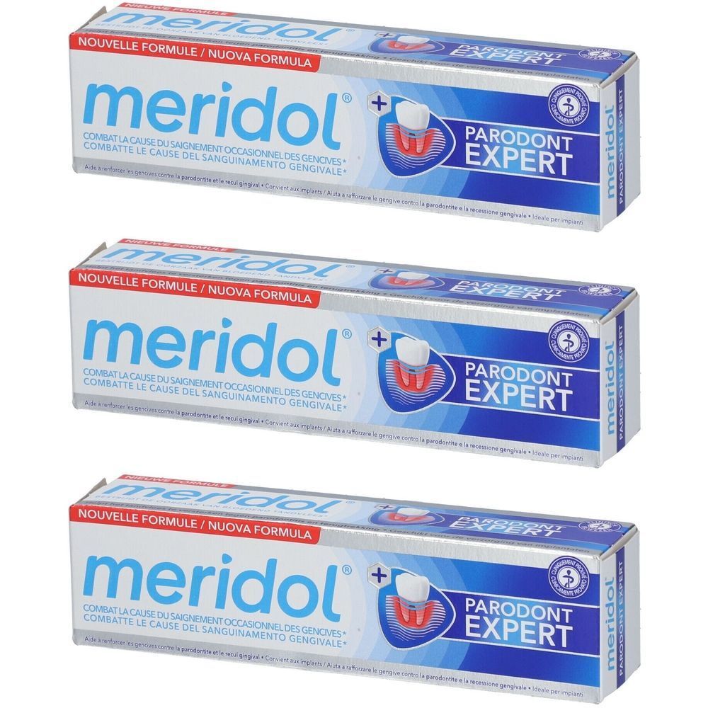 Drie dozen tandpasta. Opschrift: meridol, Parodont Expert. Blauw en witte verpakking.