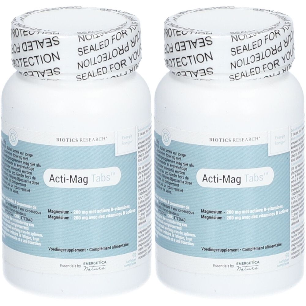 Twee witte flessen Acti-Mag Tabs. Opschrift: BIOTICS RESEARCH, Acti-Mag Tabs, Magnesium 200 mg.