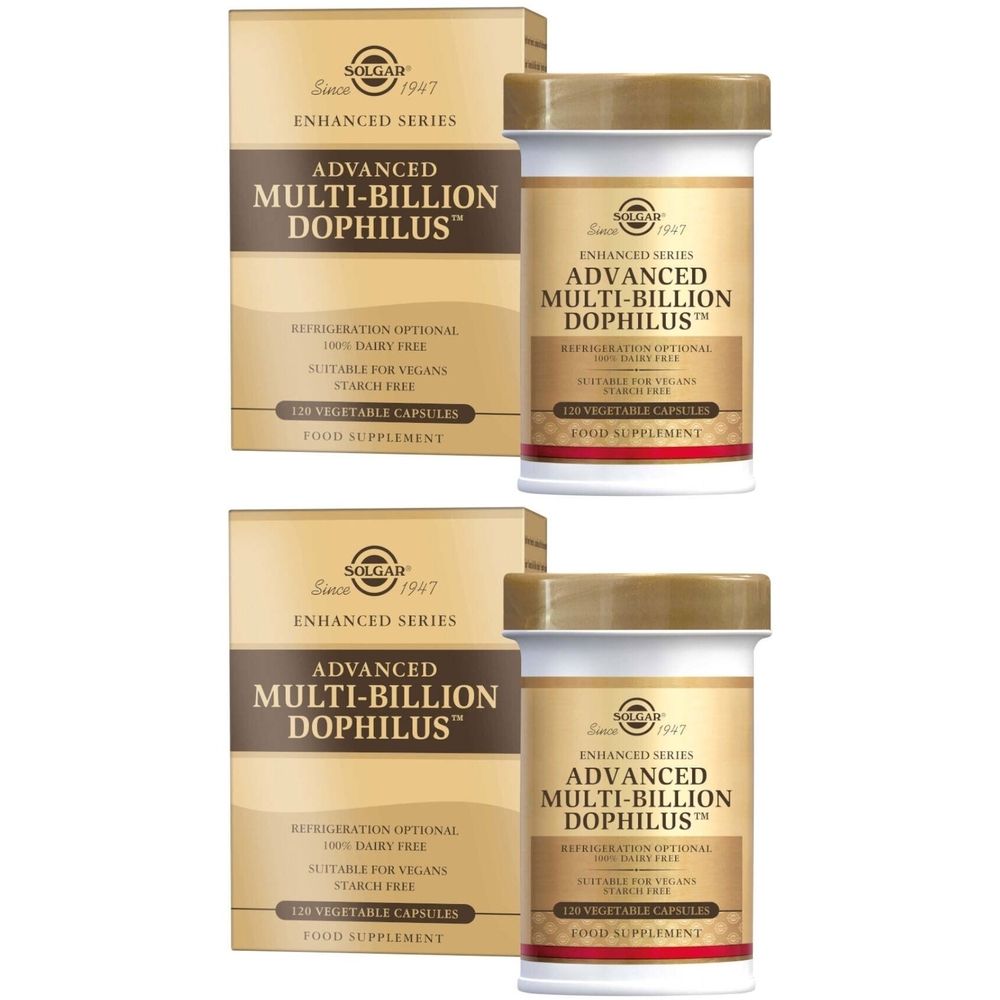 Twee dozen en flessen Solgar® Advanced Multi-Billion Dophilus™. Flessen met gouden deksel, wit etiket en bruine tekst.