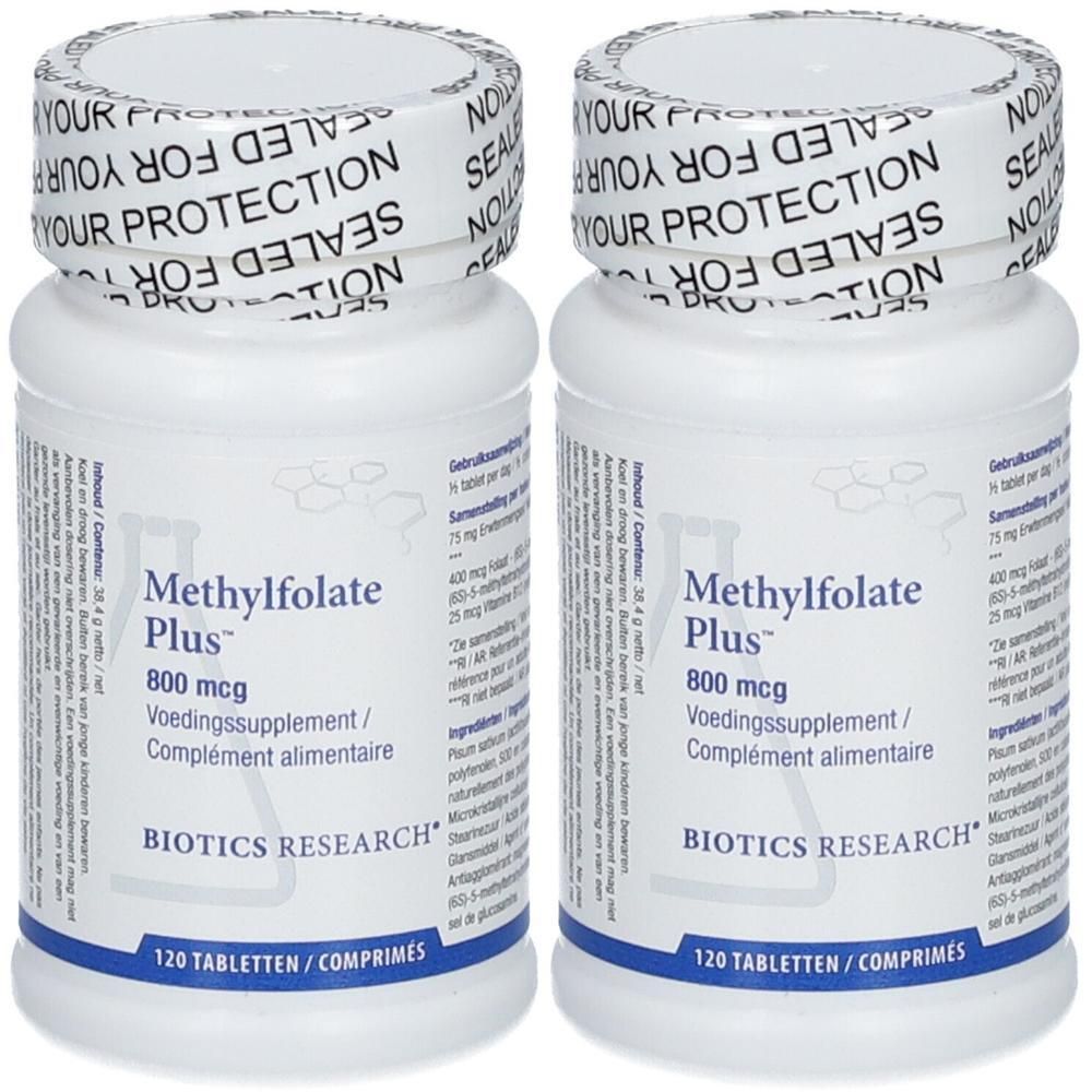 Deux flacons blancs avec étiquette. Inscription: Methylfolate Plus, 800 mcg. BIOTICS RESEARCH. 120 comprimés. Sceau: YOUR PROTECTION.