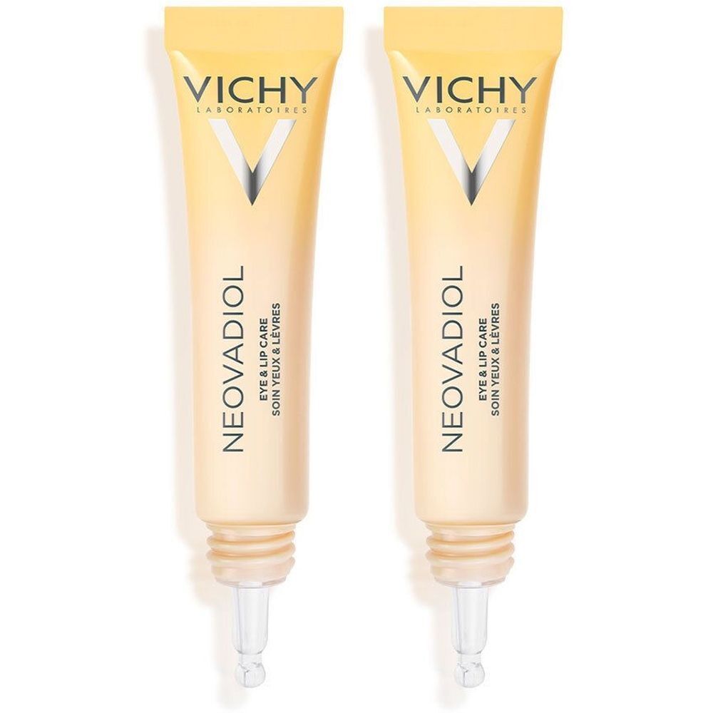 Deux tubes de soin yeux et lèvres Vichy Neovadiol. Tubes beiges avec bouchons jaunes. Texte: Vichy, Neovadiol, Eye & Lip Care.