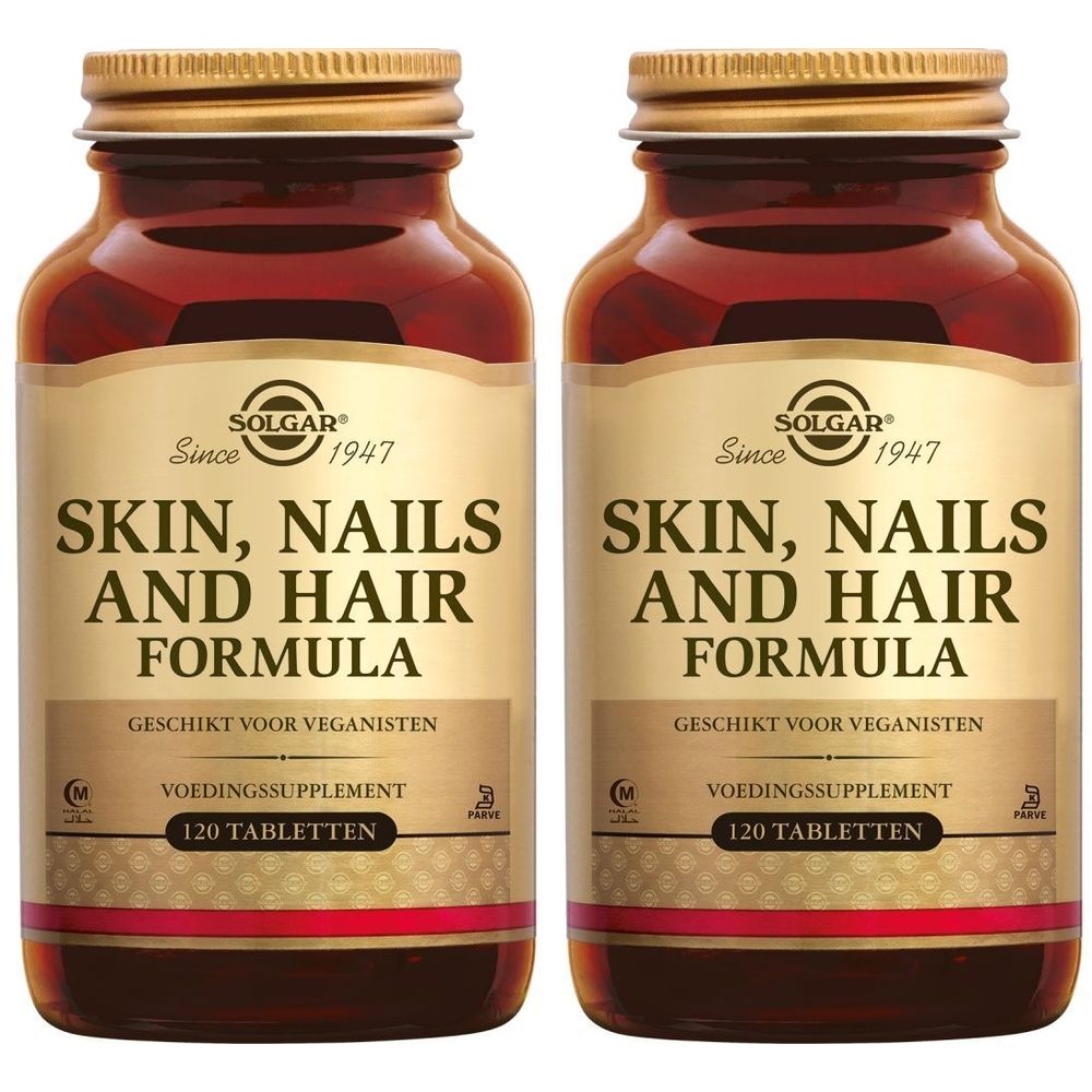 Deux flacons de Solgar Skin, Nails and Hair Formula. Flacons en verre brun avec bouchons dorés. Inscription : Skin, Nails and Hair Formula.