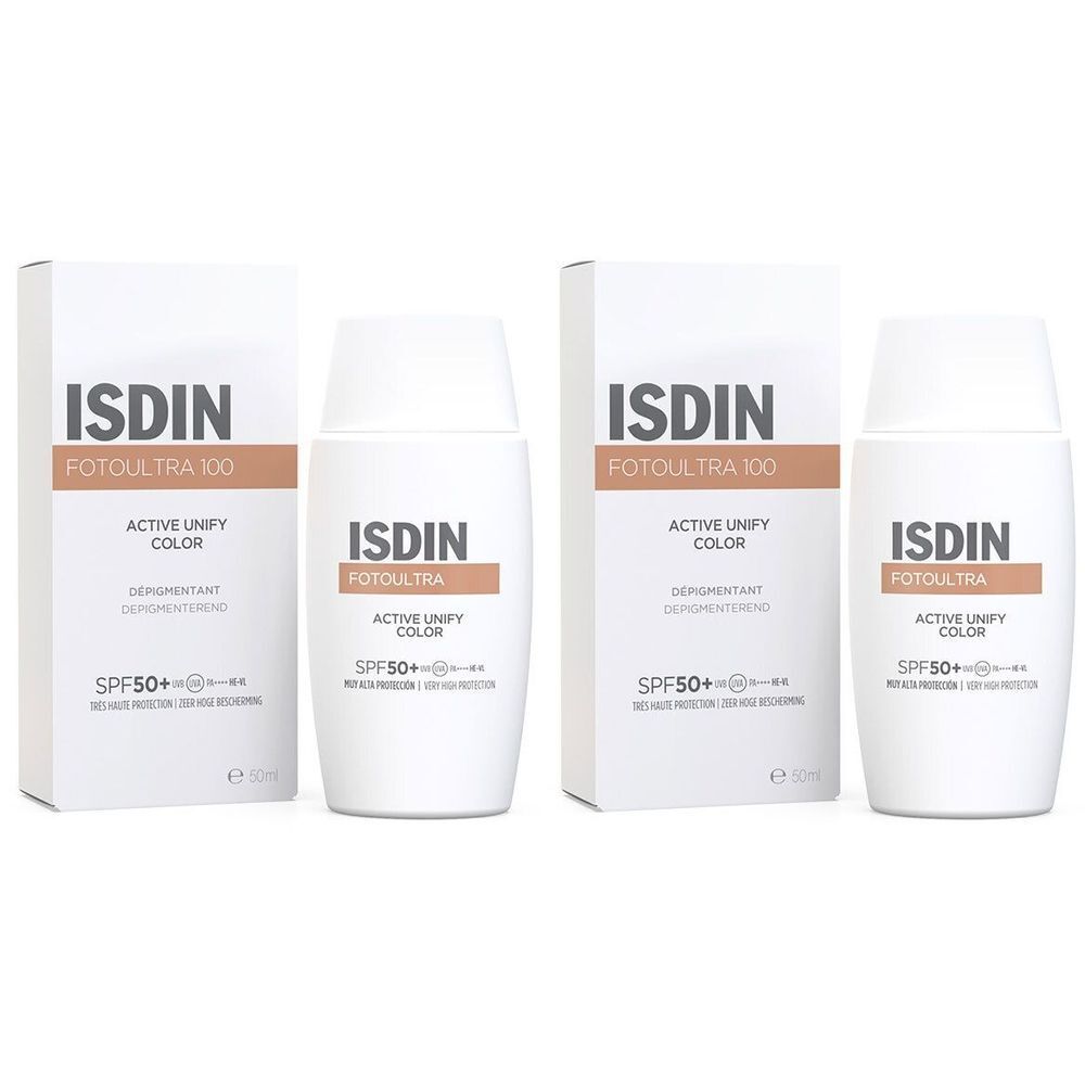 Deux flacons et deux boîtes. Sur les flacons et les boîtes, on peut lire ISDIN FOTOULTRA 100 ACTIVE UNIFY COLOR SPF50+.