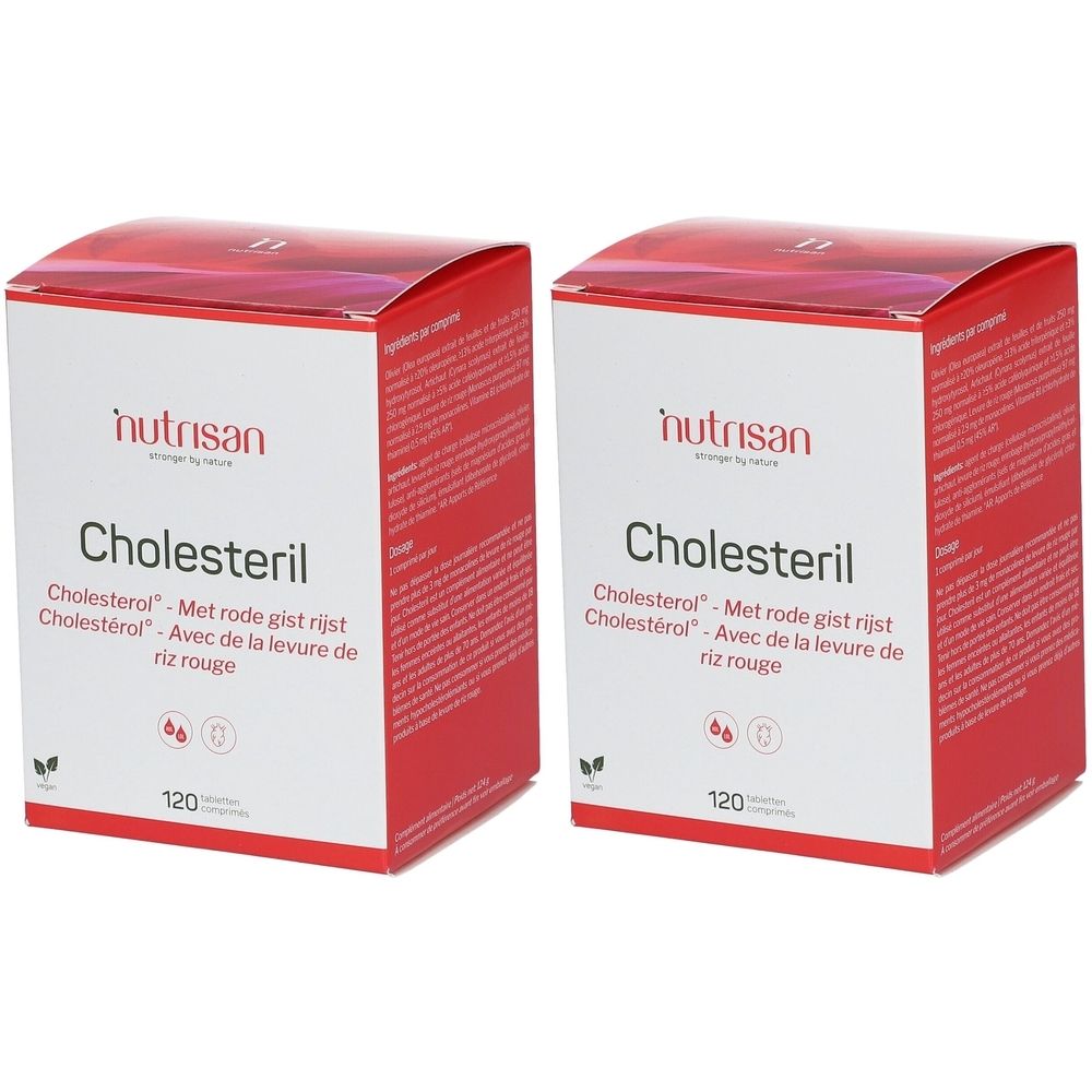 Twee vierkante dozen met "Nutrisan Cholesteril". Tekst in het Nederlands en Frans. Bevat 120 tabletten.