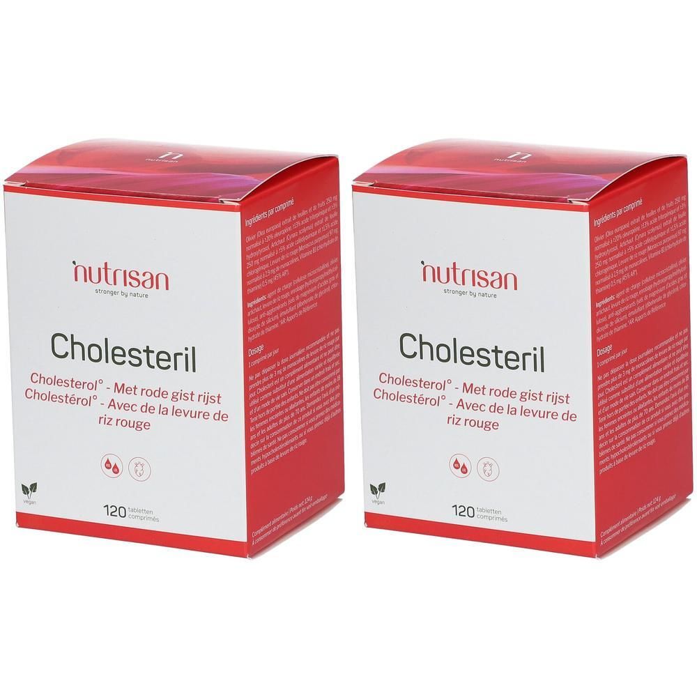 Twee rode dozen "Nutrisan Cholesteril". Bevat 120 tabletten. Tekst in het Nederlands en Frans.
