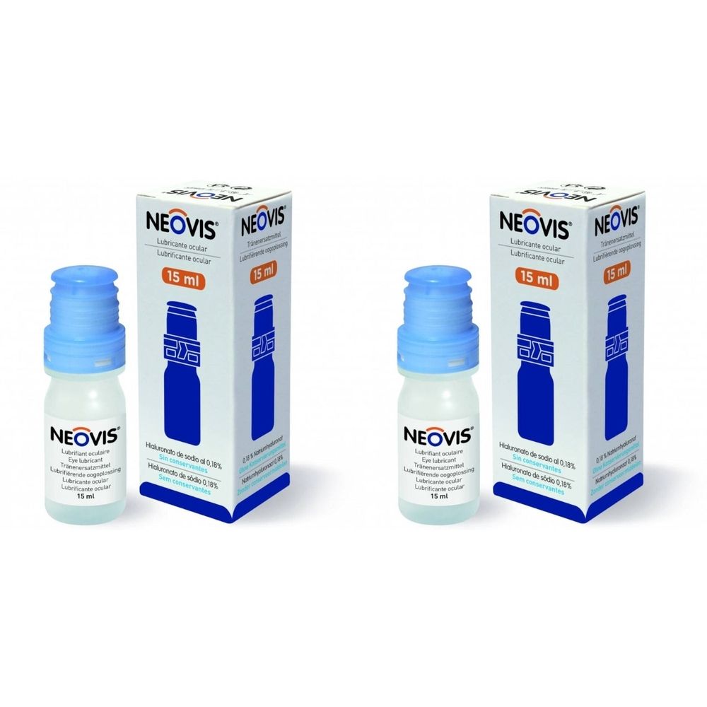 Deux flacons et emballages de gouttes ophtalmiques NEOVIS®. Flacons avec bouchon bleu, emballage avec illustration du produit.