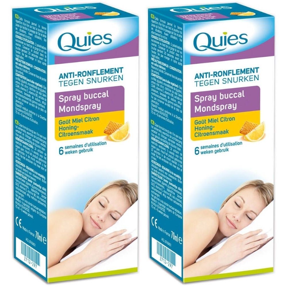 Deux boîtes de spray buccal anti-ronflement Quies. Saveur miel-citron. Une femme endormie est représentée.