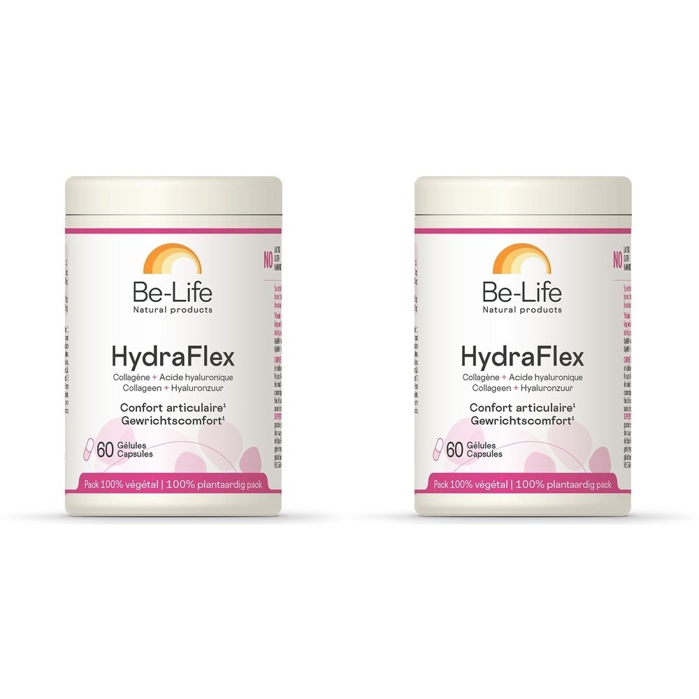 Twee cilindrische potten HydraFlex. Merk Be-Life. Bevat 60 capsules. Opschrift: 100% plantaardig.