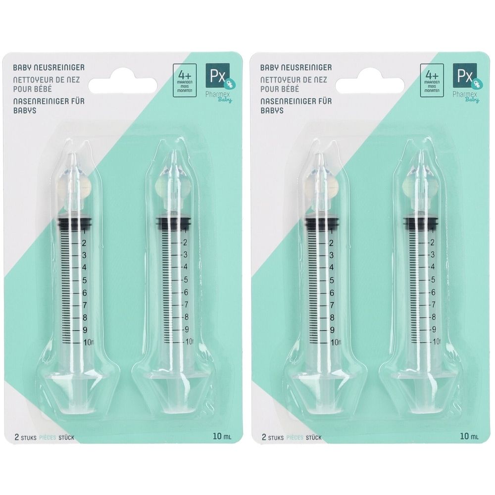 Twee baby neusreinigers in blisterverpakking. Schaalverdeling van 1 tot 10. Met opzetstuk. Verpakking met logo en leeftijdsadvies.