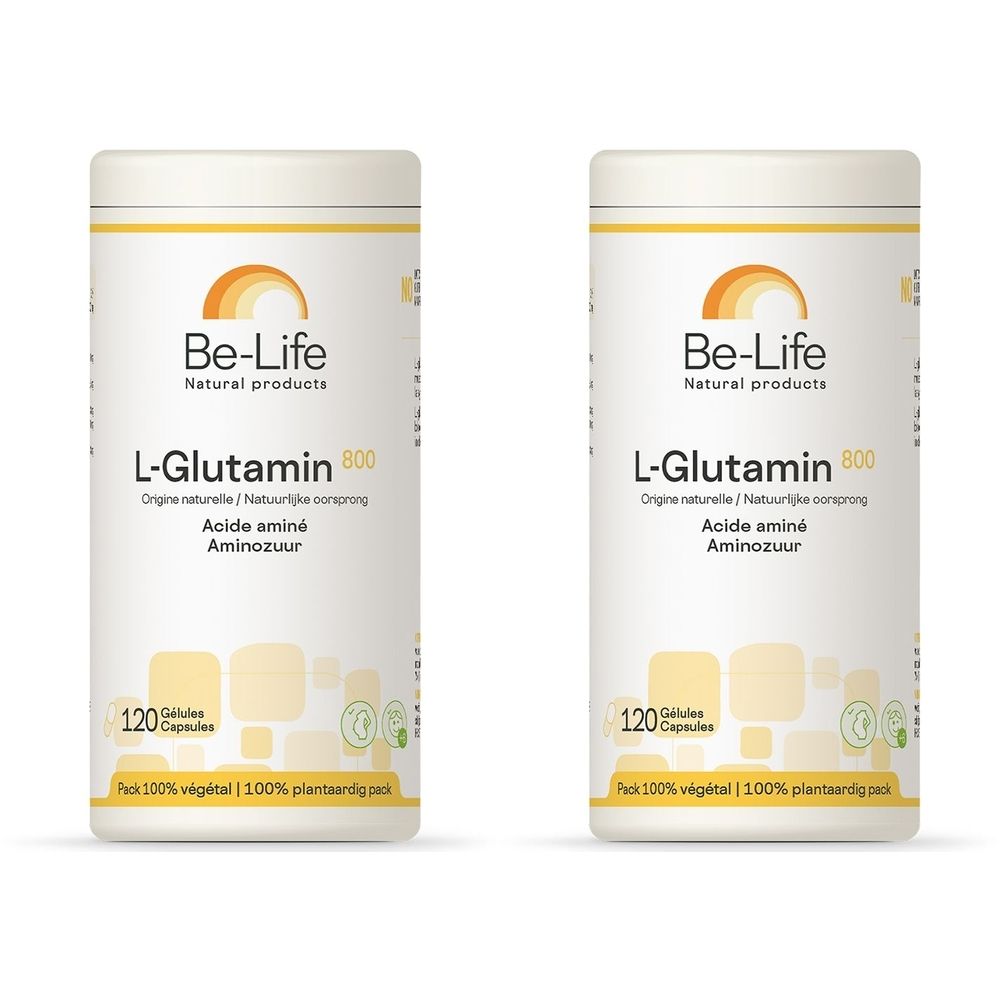 Twee witte potten met gele accenten. Opschrift: Be-Life L-Glutamine 800, 120 capsules. Natuurlijke oorsprong. Plantaardige verpakking.