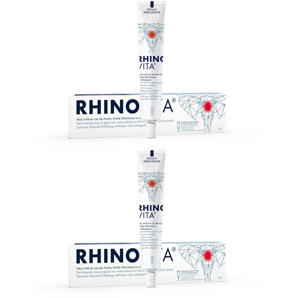 Twee tubes en dozen met productnaam RHINO VITA. Een rood symbool wordt weergegeven op de tubes en dozen.