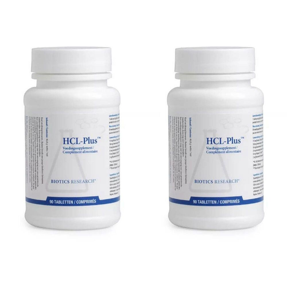 Twee witte flessen BIOTICS RESEARCH HCL Plus™. Opschrift HCL-Plus, voedingssupplement. 90 tabletten.
