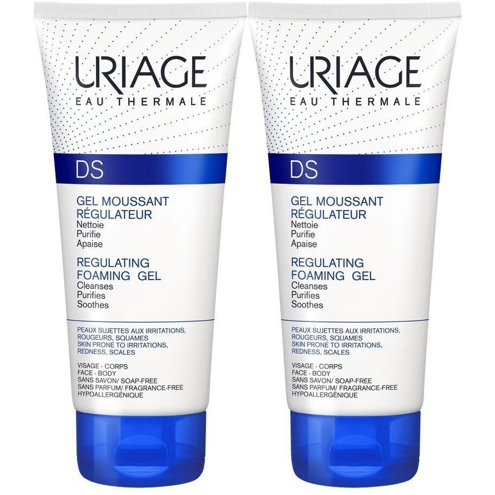 Twee tubes Uriage DS Gel. Opschrift: Gel moussant régulateur, Regulating Foaming Gel. Wit, blauw en zwart.