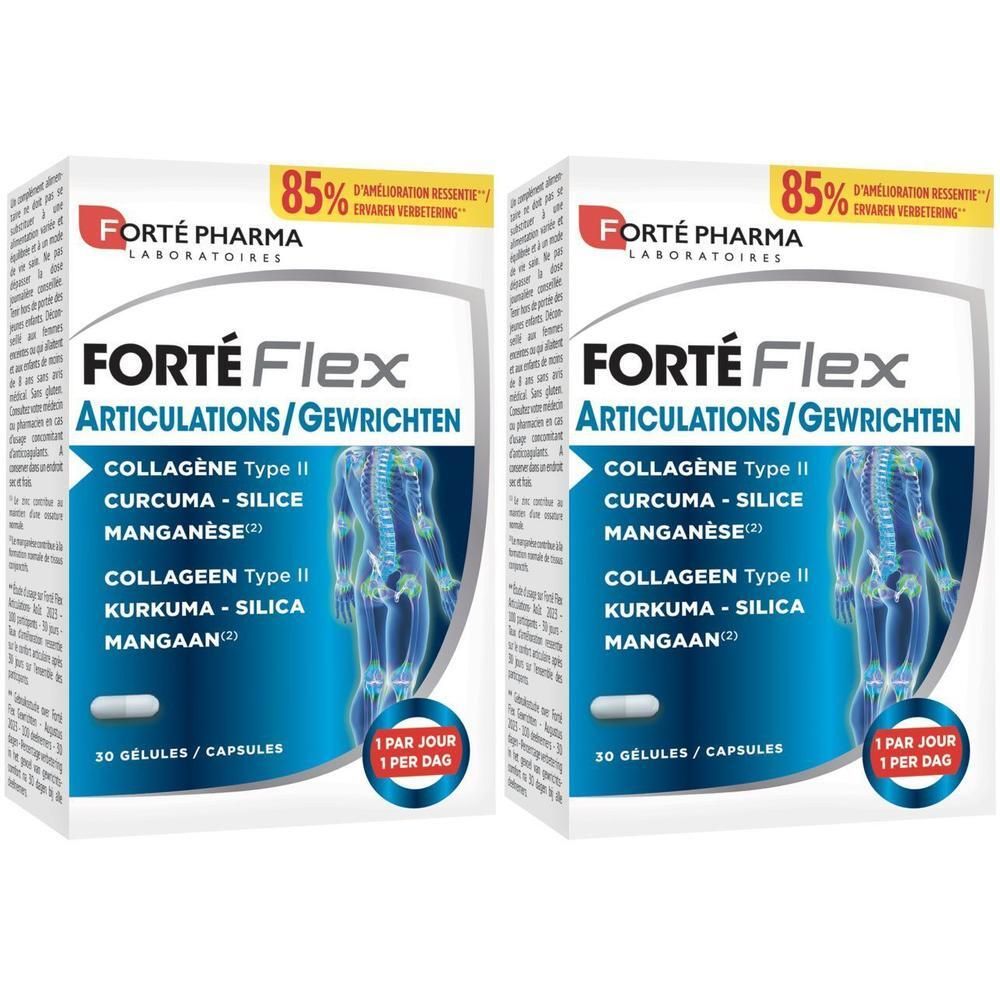 Deux boîtes de Forté Flex Articulations. Boîtes blanches avec nom et ingrédients. 85% d'amélioration.