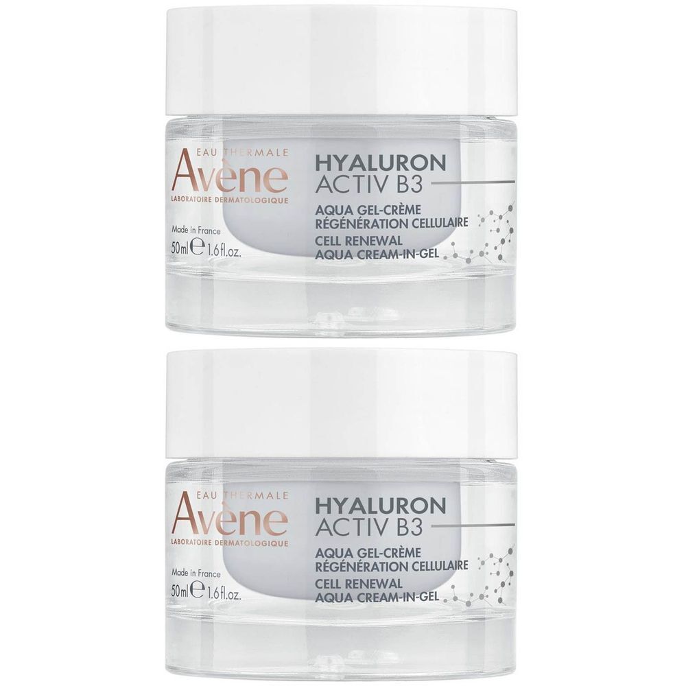 Deux pots Avène Hyaluron Activ B3 Aqua Gel-Crème. Couvercles blancs, pots transparents. Inscription: Aqua Gel-Crème, Cell Renewal.