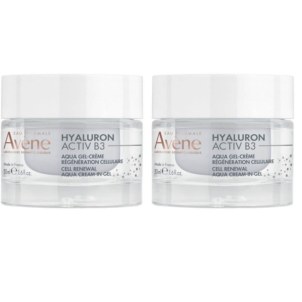 Twee potten Avène Hyaluron Activ B3 Aqua Gel-Crème. Witte deksels, transparante potten. Opschrift: Aqua Gel-Crème, Cell Renewal.