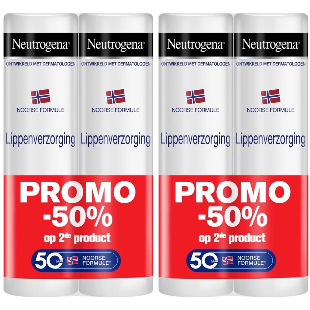 Vier lippenbalsem in witte huls. Rode en blauwe graphics. "PROMO -50%" op rode achtergrond. Merk Neutrogena.