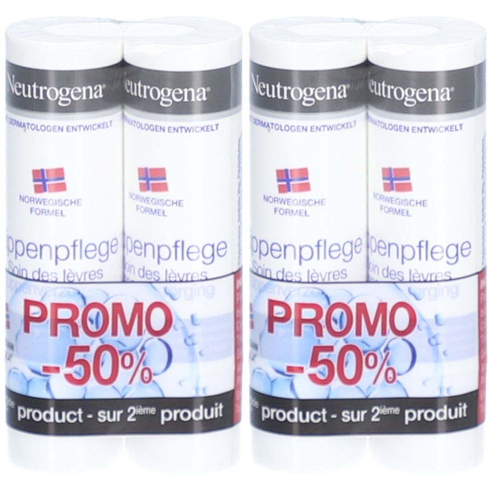 Twee verpakkingen lippenbalsem, vier stuks per verpakking. Witte hulzen met rode en blauwe graphics. "PROMO -50%" op de verpakking.