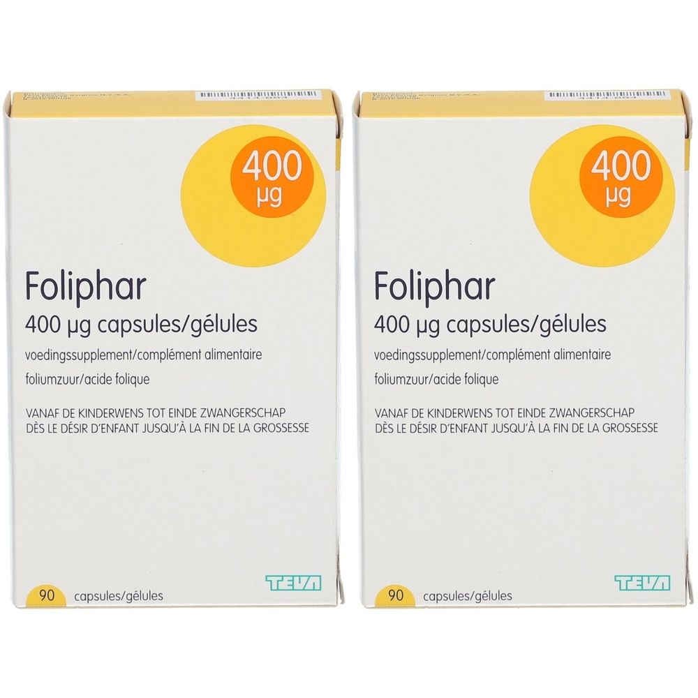 Twee dozen Foliphar. Elke doos toont "400 µg capsules/gélules". Merk TEVA. 90 capsules.