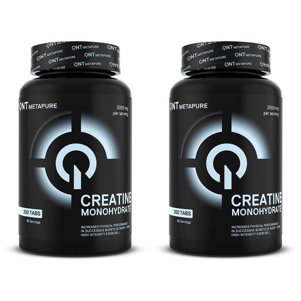 Twee zwarte flessen met wit etiket. Opschrift: QNT Metapure Creatine Monohydrate. 200 tabletten.