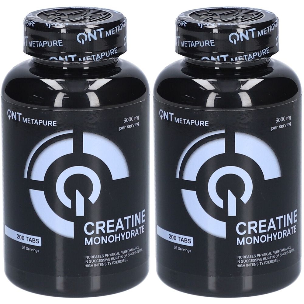 Twee zwarte flessen met wit etiket. Opschrift: QNT Metapure Creatine Monohydrate. 200 tabletten.