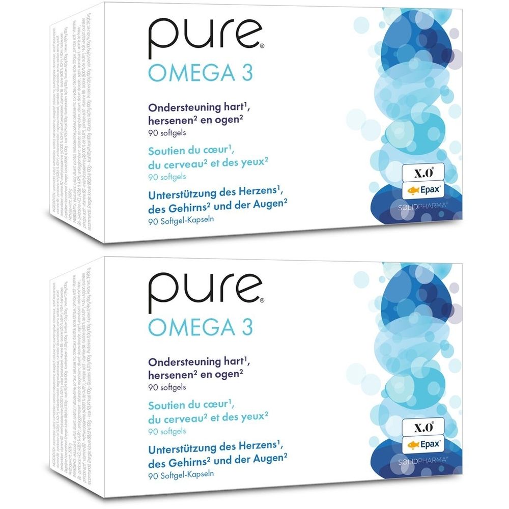 Twee witte dozen met "pure Omega 3" logo en tekst in het Duits, Nederlands en Frans. Blauwe afbeelding aan de rechterkant.