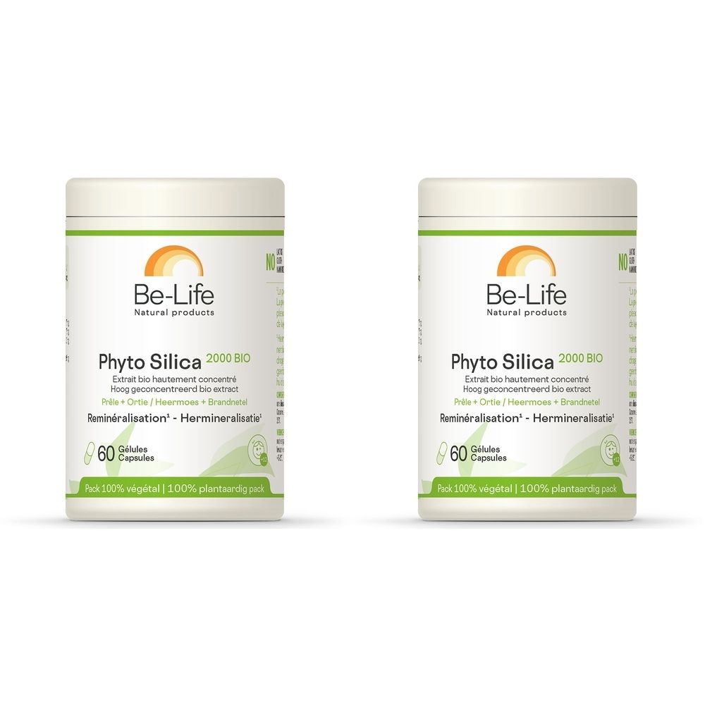 Twee witte potten met groene en oranje etiketten. Opschrift: Be-Life, Phyto Silica 2000 BIO, 60 capsules.