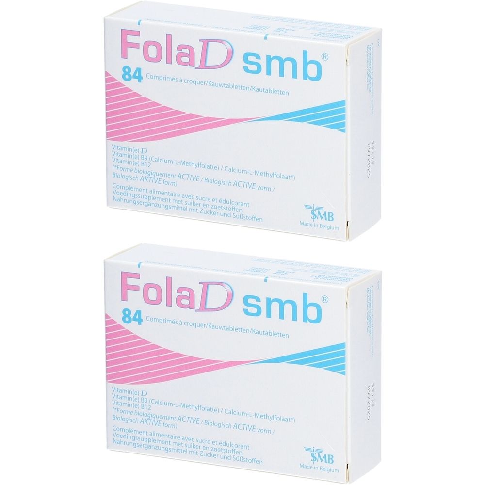 Twee witte dozen met "FolaD smb". Roze en blauwe strepen bovenaan. Tekst in meerdere talen. Bevat 84 tabletten.