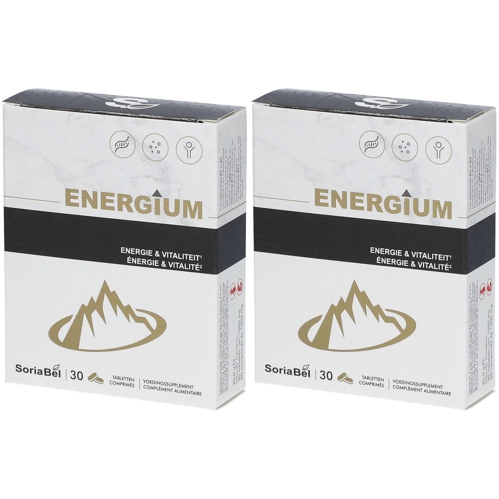 Deux boîtes blanches "ENERGIUM". Texte "ENERGIE & VITALITEIT". Marque SoriaBel, 30 comprimés. Motif montagne doré.