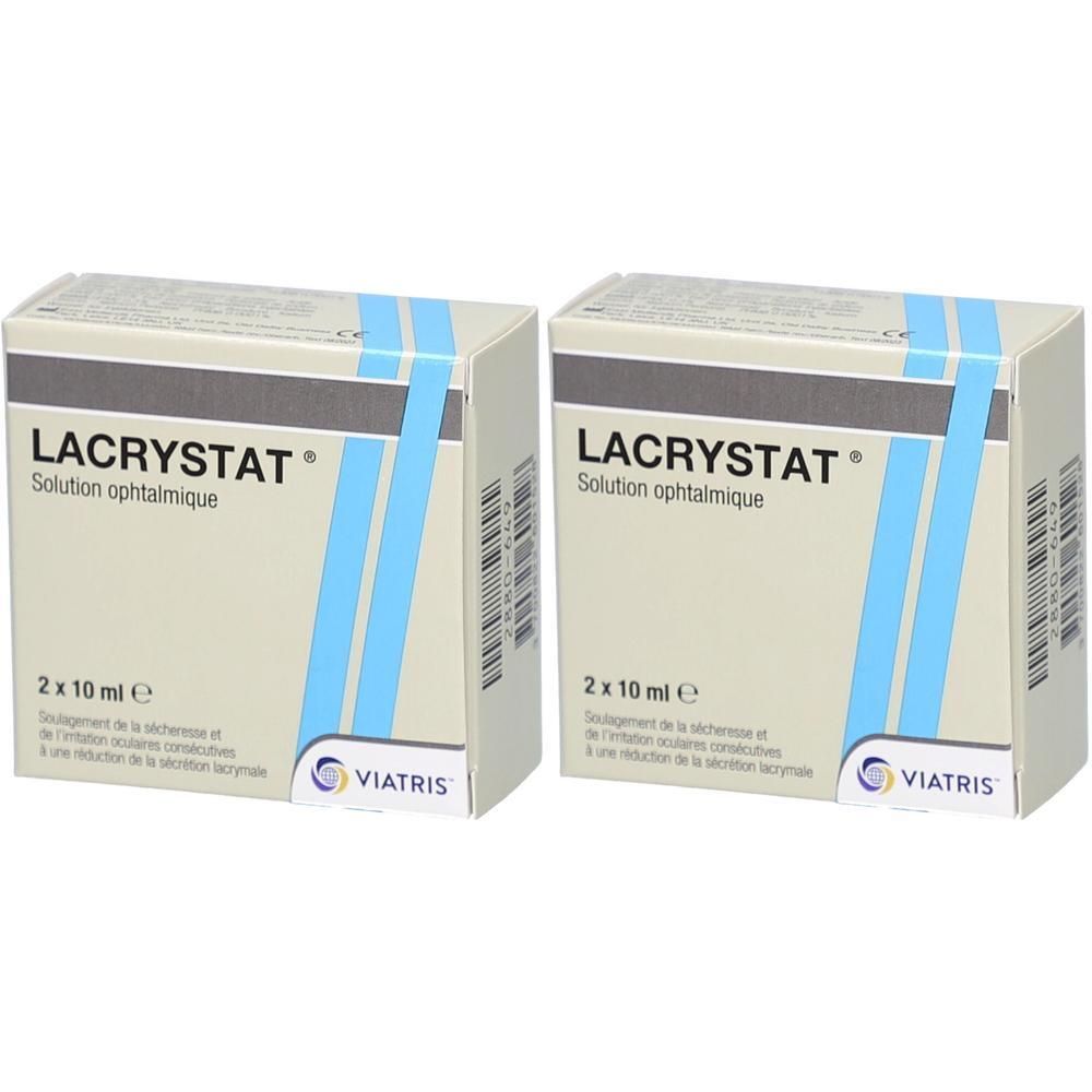 Twee dozen Lacrystat Solution ophtalmique. Elke doos bevat 2 x 10 ml. Blauwe strepen op beige achtergrond.