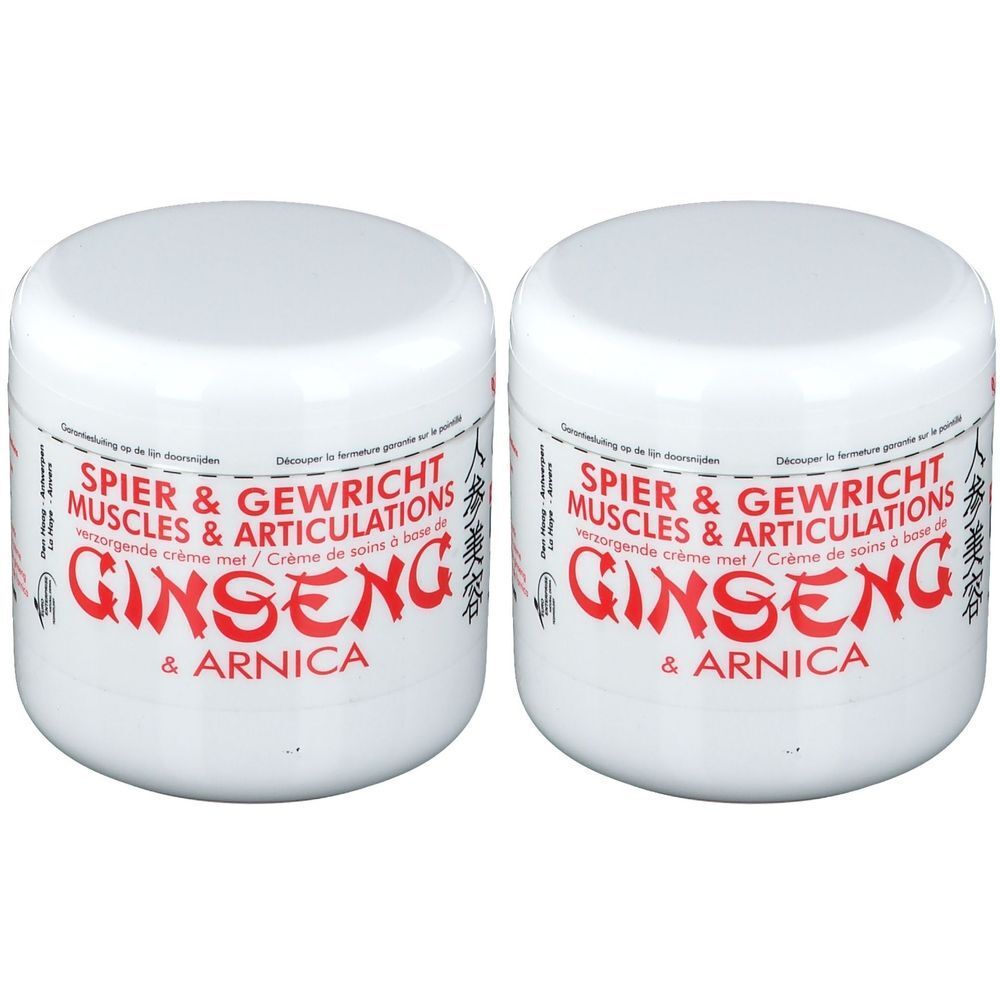 Twee witte potten met rode tekst: Ginseng & Arnica. Tekst: Spieren & Gewrichten. Verzorgende crème.