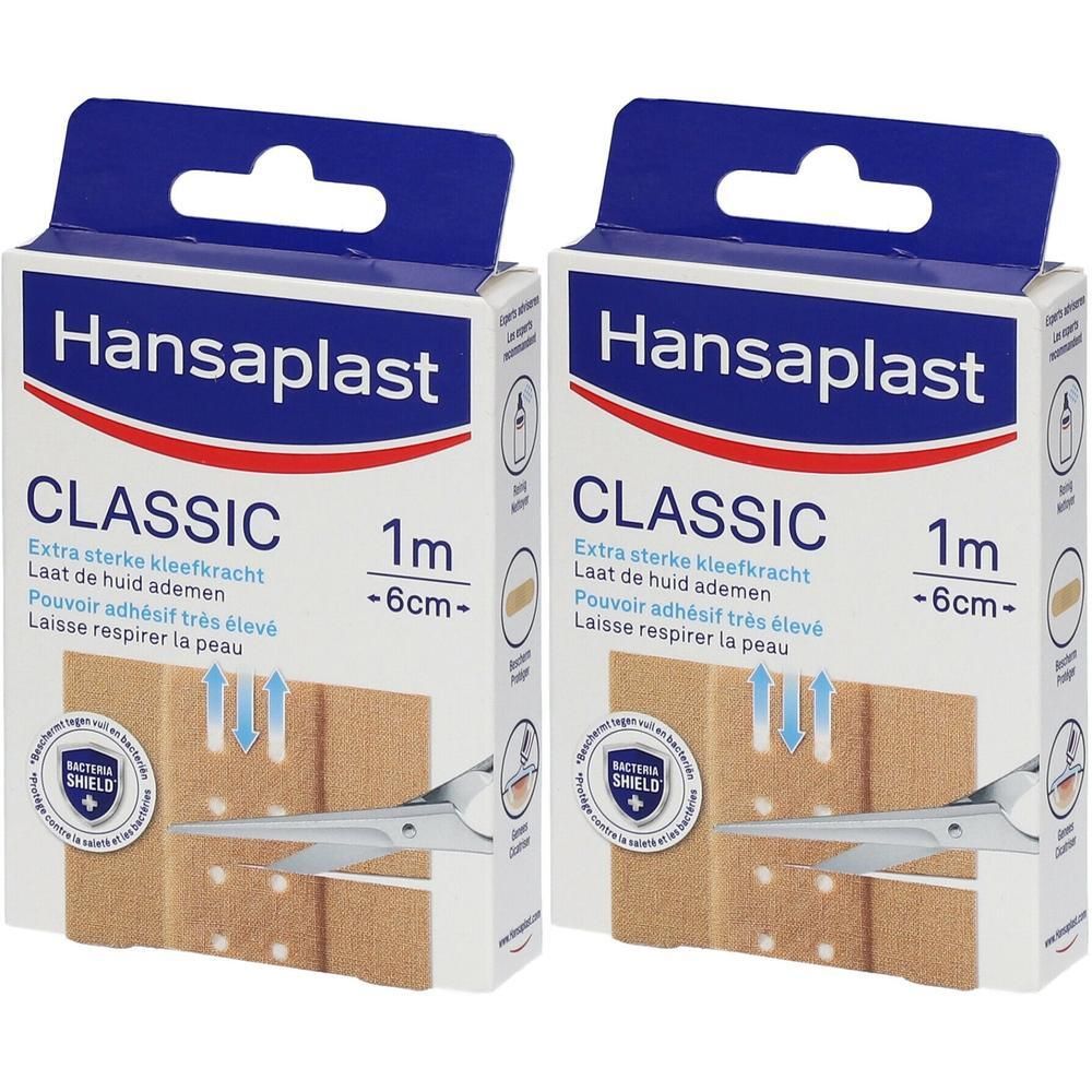 Twee verpakkingen Hansaplast Classic pleisters. Elke verpakking bevat pleisterstrips, 1 m x 6 cm. Blauw-witte verpakking.