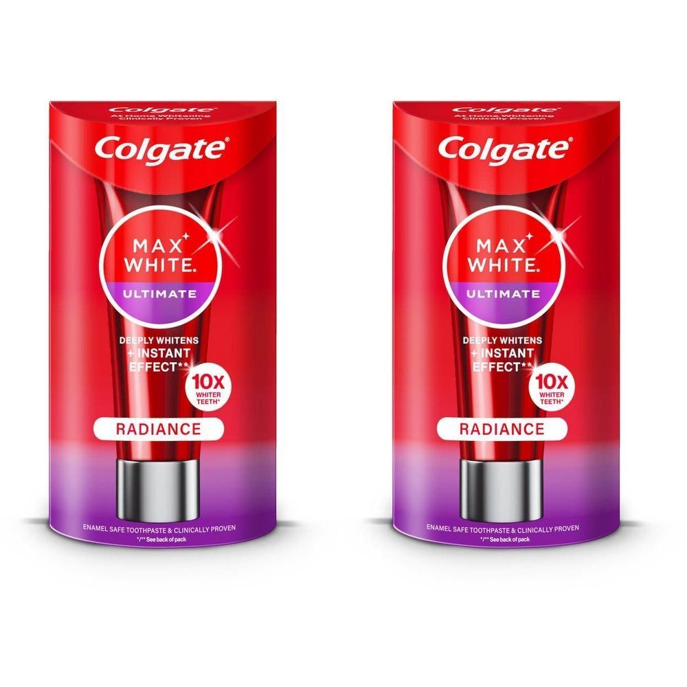 Deux tubes de dentifrice Colgate Max White Ultimate Radiance dans un emballage rouge. Visible : nom du produit, texte et logo.