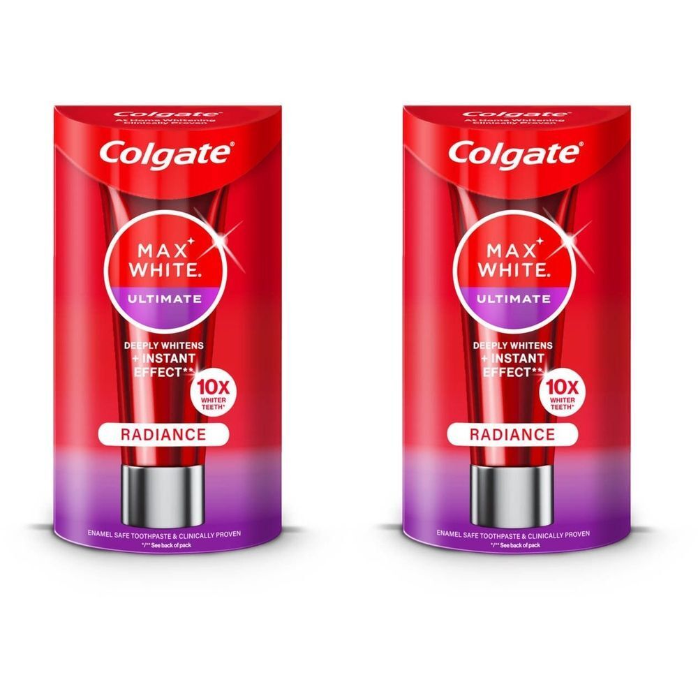 Twee tubes Colgate Max White Ultimate Radiance tandpasta in rode verpakking. Zichtbaar: productnaam, tekst en logo.