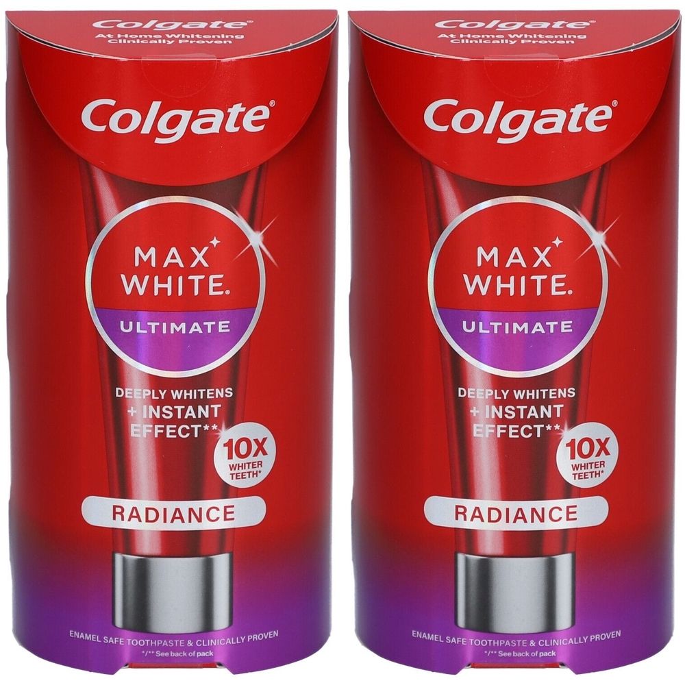 Deux tubes de dentifrice dans un emballage. Inscription: Colgate Max White Ultimate Radiance. Blanchiment en profondeur, effet instantané, 10x dents plus blanches.