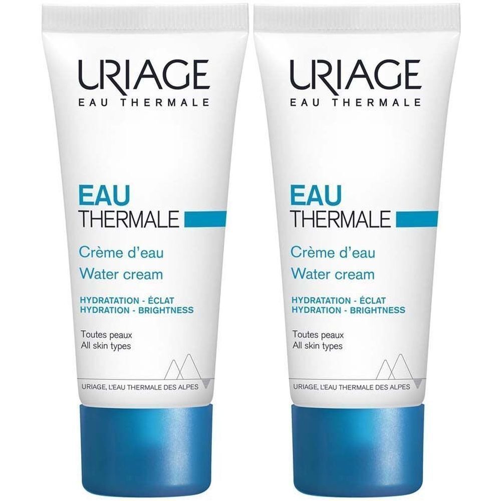 Twee tubes Uriage Eau Thermale Crème d'eau. Witte tubes met blauwe tekst en blauwe doppen. Tekst: Water cream, Hydratation.