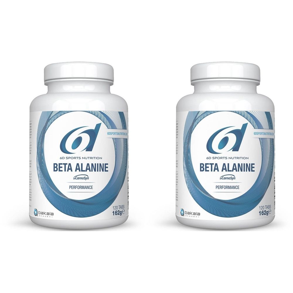 Twee witte flessen met blauw-wit etiket. Opschrift: 6D Sports Nutrition Beta Alanine. Bevat 120 tabletten, 162g.