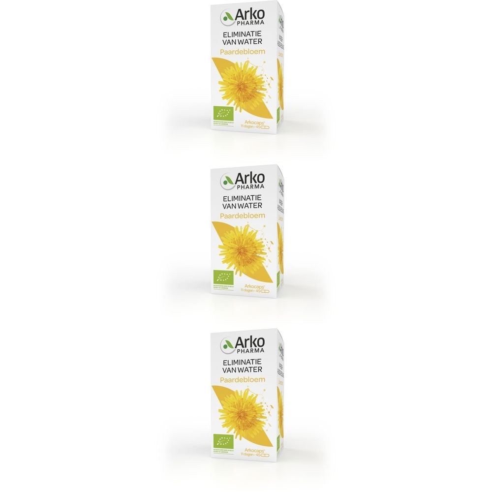Drie witte dozen met gele bloem en opschrift: Arkopharma, 'Eliminatie van water'.