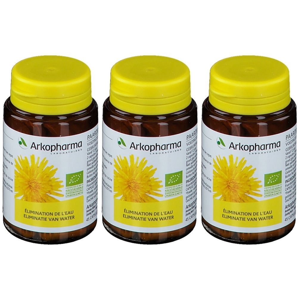 Drie bruine flessen met gele doppen. Opschrift: Arkopharma, gele bloem, 'Eliminatie van water'.