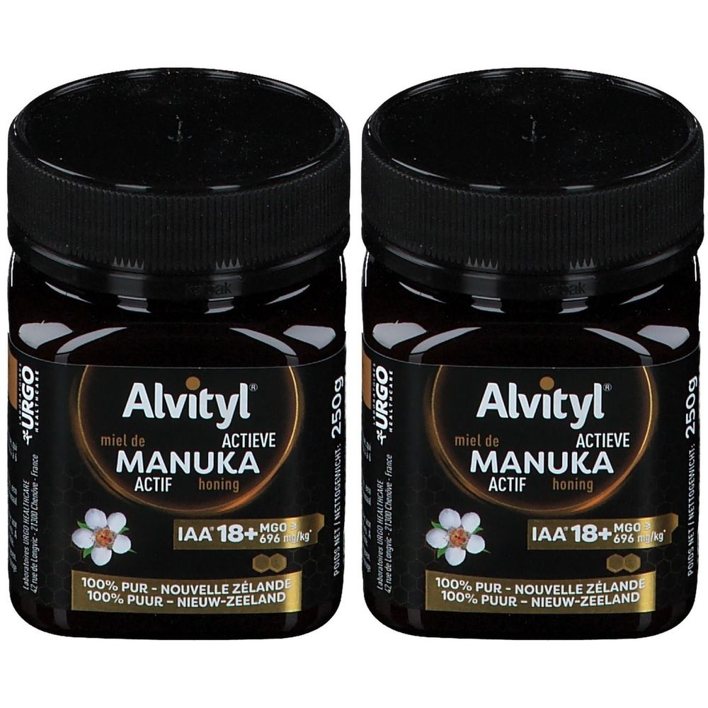 Deux pots de miel avec couvercles noirs. L'étiquette indique "Alvityl Miel de Manuka Actif IAA 18+".